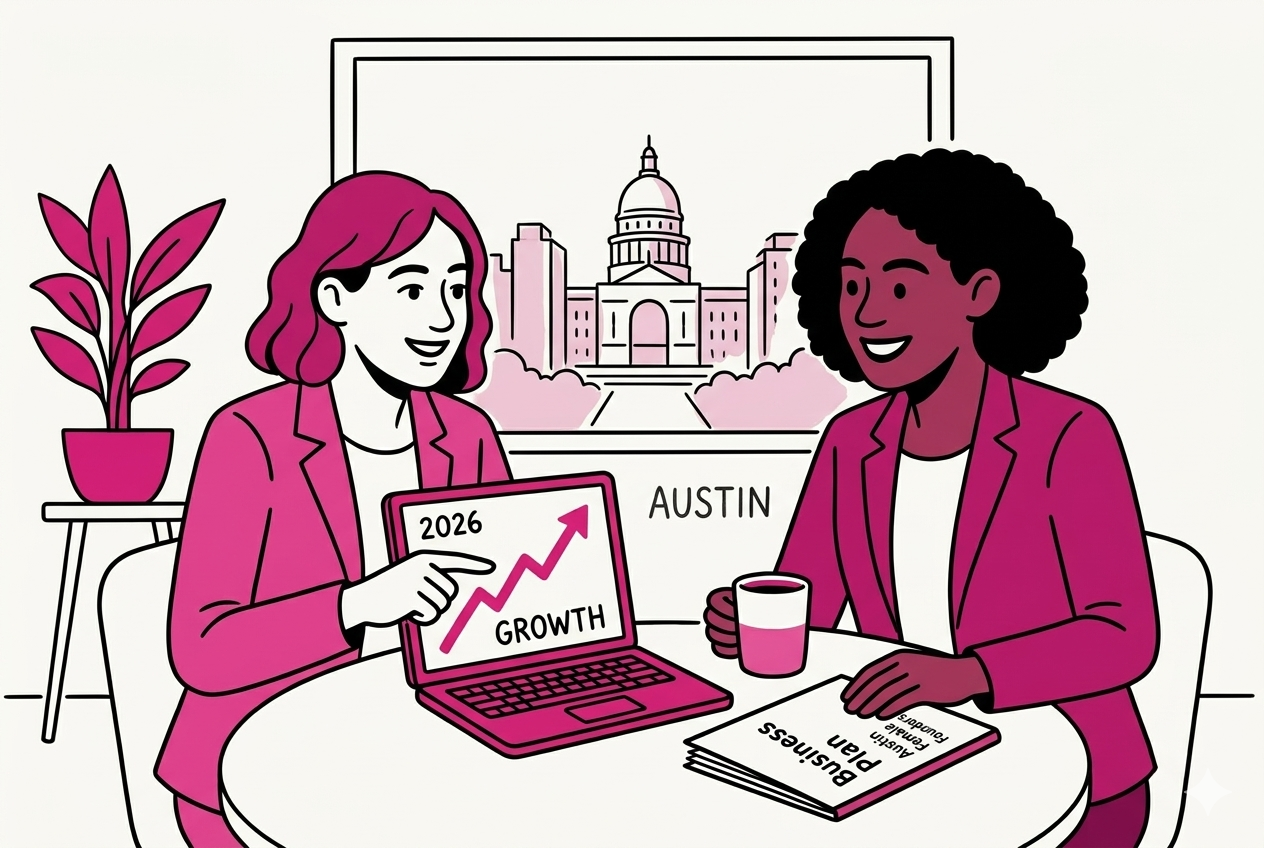 Two women discuss financial support for women-owned businesses. a business growth chart and the Austin capitol in the background.