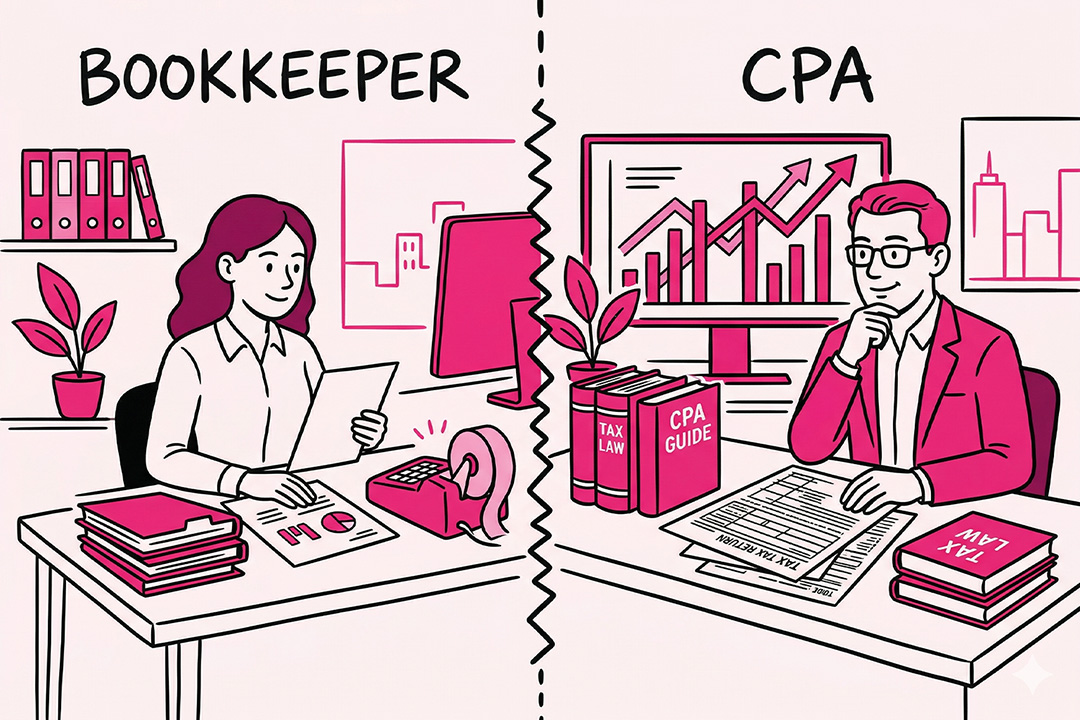 Illustration highlighting the differences between a bookkeeper handling receipts and a CPA reviewing tax documents at separate desks.