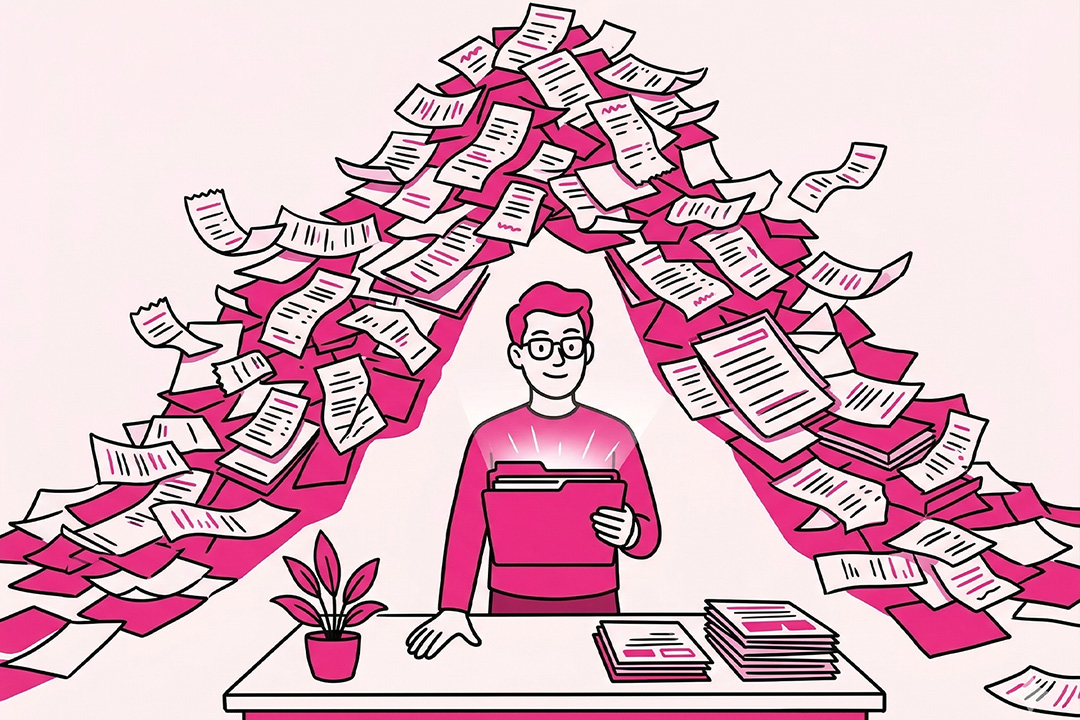 Illustration of a person at a desk, overwhelmed by piles of paperwork—months of messy bookkeeping or bookkeeping cleanup.