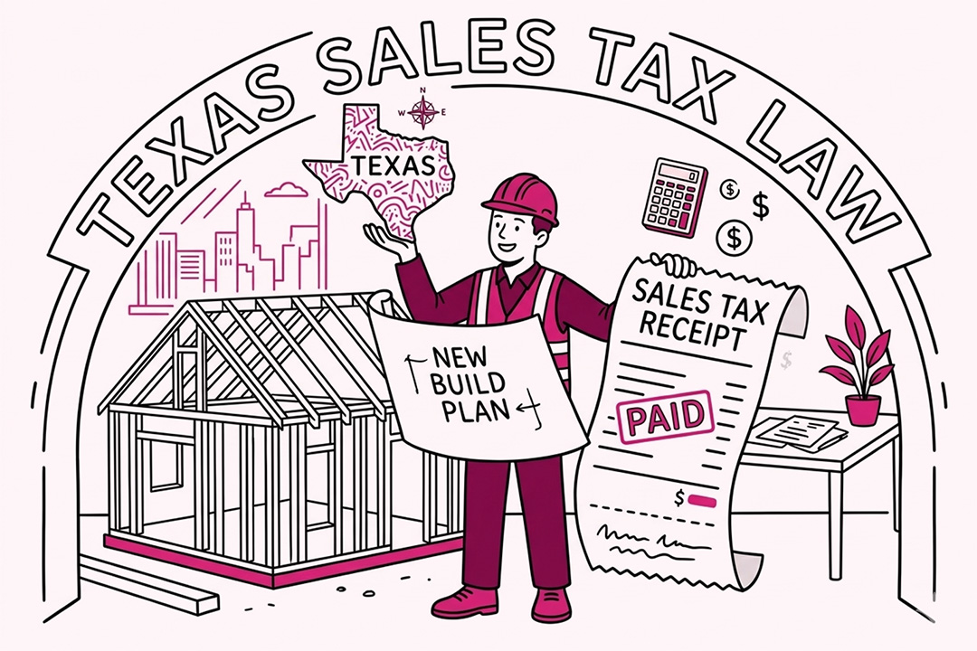 Illustration of a builder holding a Texas map, tax receipt, and new build plan, highlighting Texas contractor sales tax law.