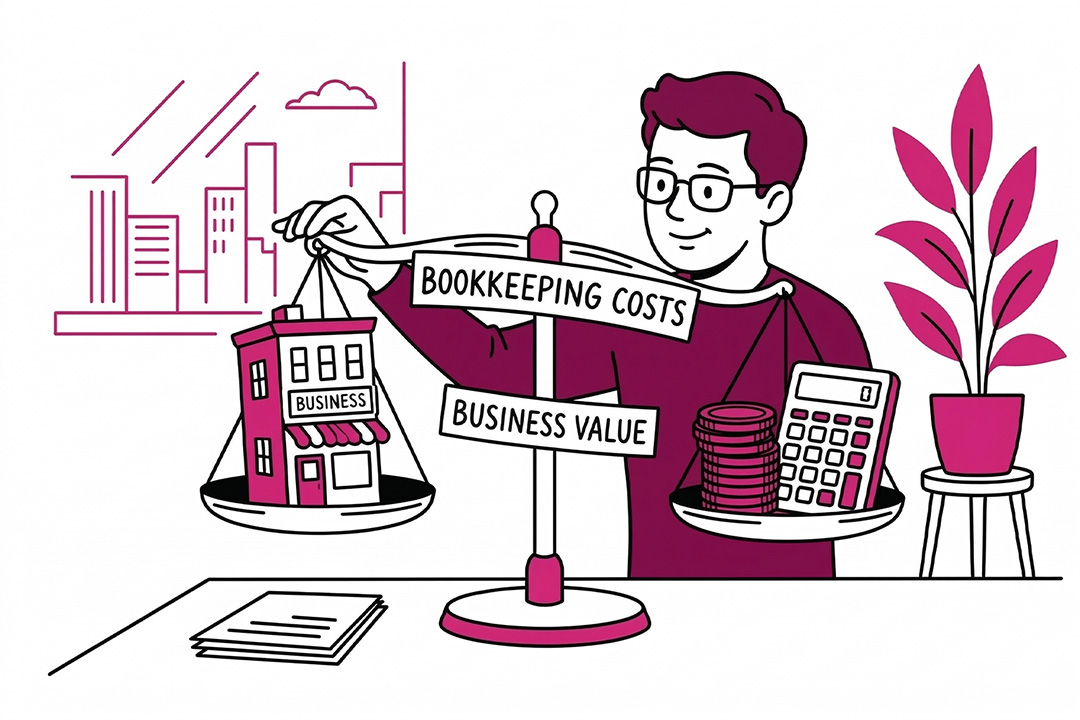 Illustration of a person weighing bookkeeping costs and business value with a calculator and coins, highlighting small business bookkeeping.