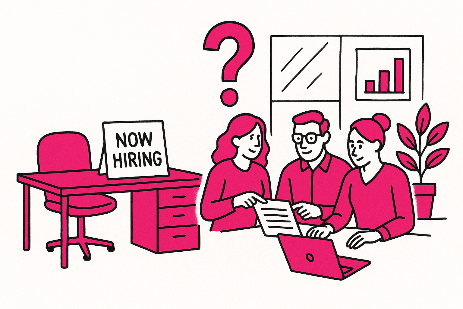 Three people review a resume at a desk with a Now Hiring sign; a question mark appears above them in an office setting.