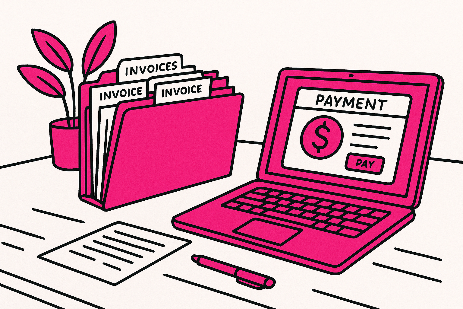 Illustration of a desk with a laptop displaying a payment screen, a folder labeled invoices, a pen, paper, and a potted plant.