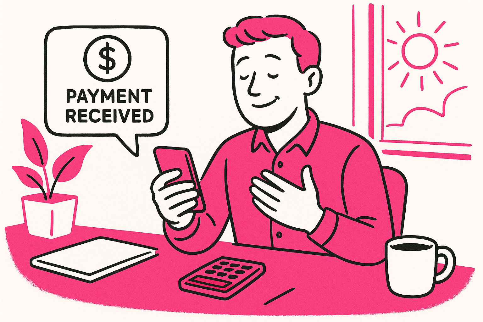 A person at a desk smiles at their phone, which displays a Payment Received message; sunlight shines through a window.