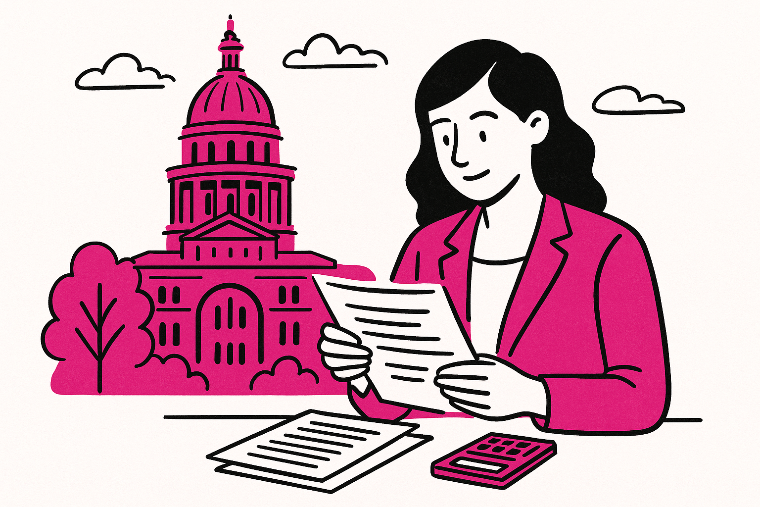 Illustration of a woman reading documents at a desk with a calculator, with a government building in the background.