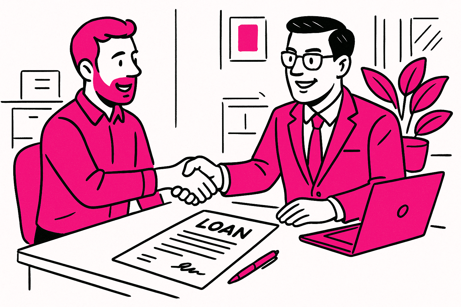 Two men shake hands across a desk with a loan document, pen, and laptop in an office setting.