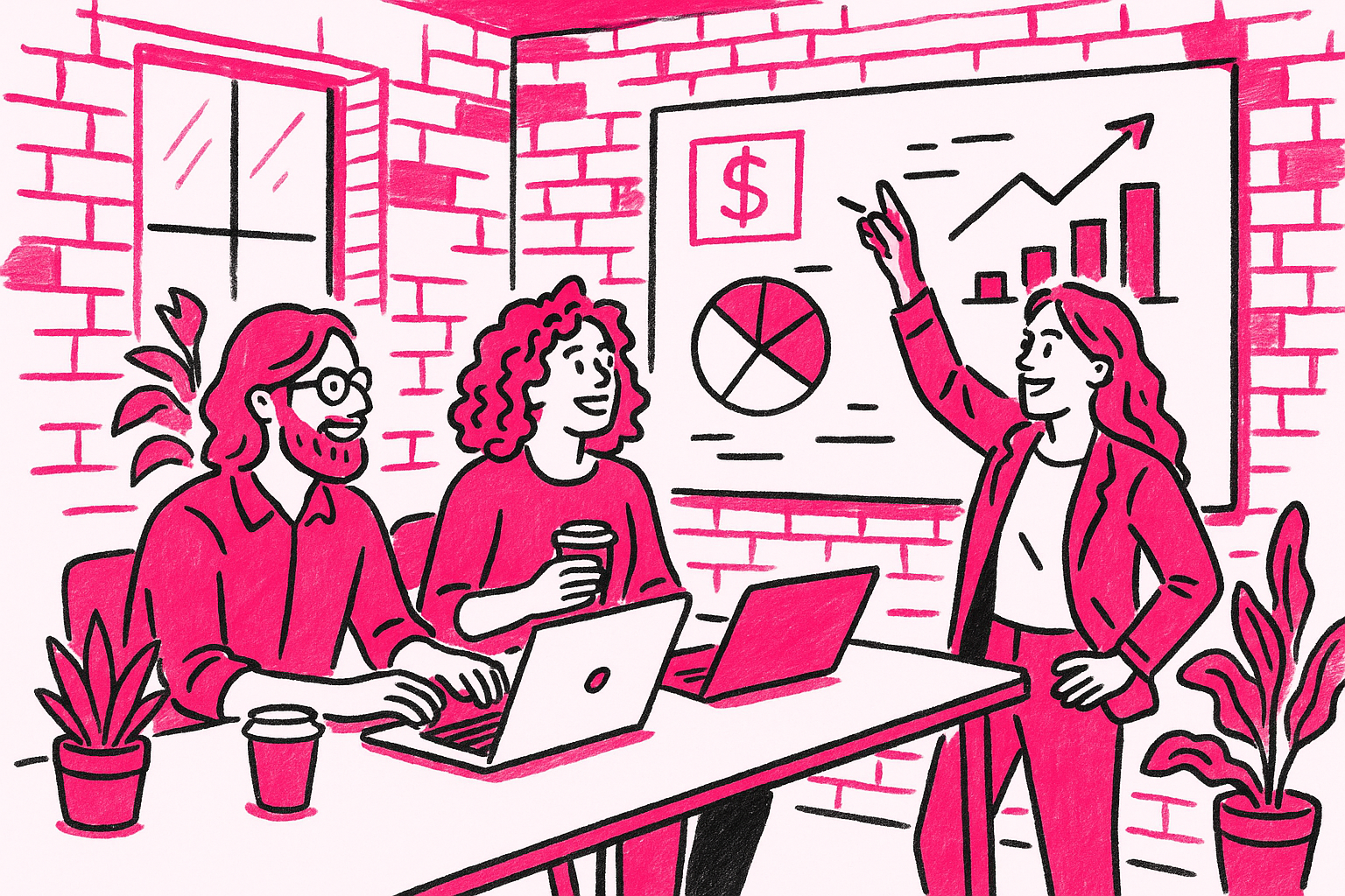 Three people in an office, two seated with laptops and coffee, one standing and presenting charts and graphs on a whiteboard.