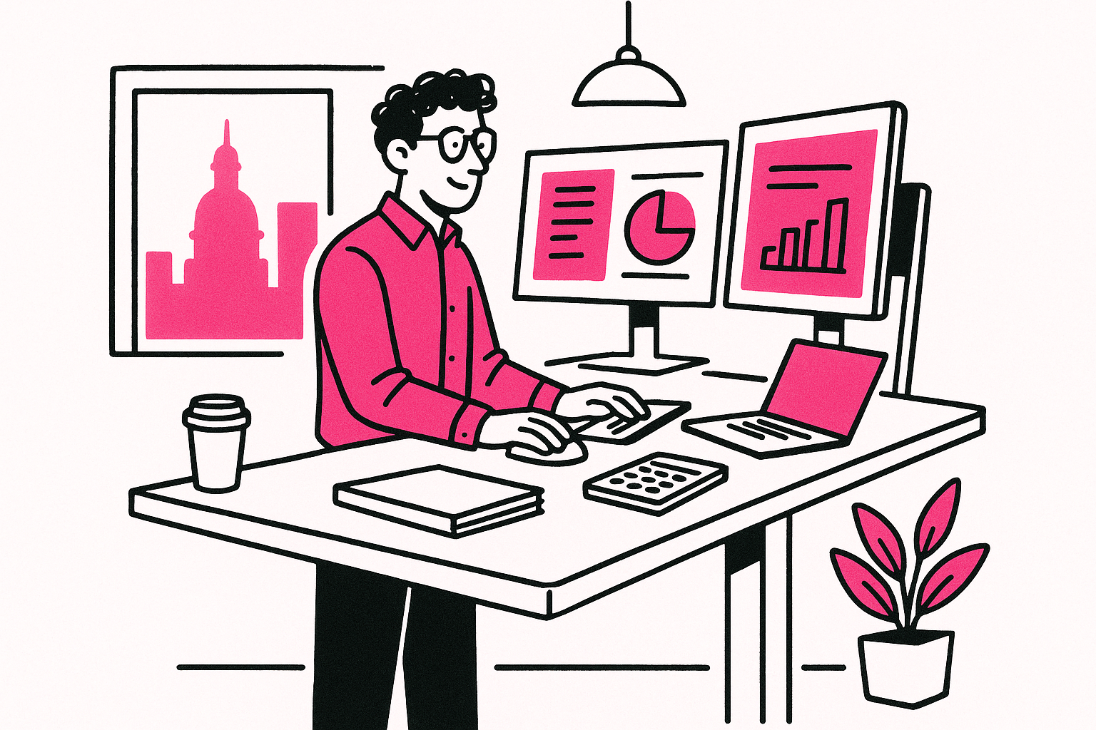 Illustration of a person working at a desk with a laptop, monitors displaying charts, a coffee cup, documents, and a potted plant nearby.
