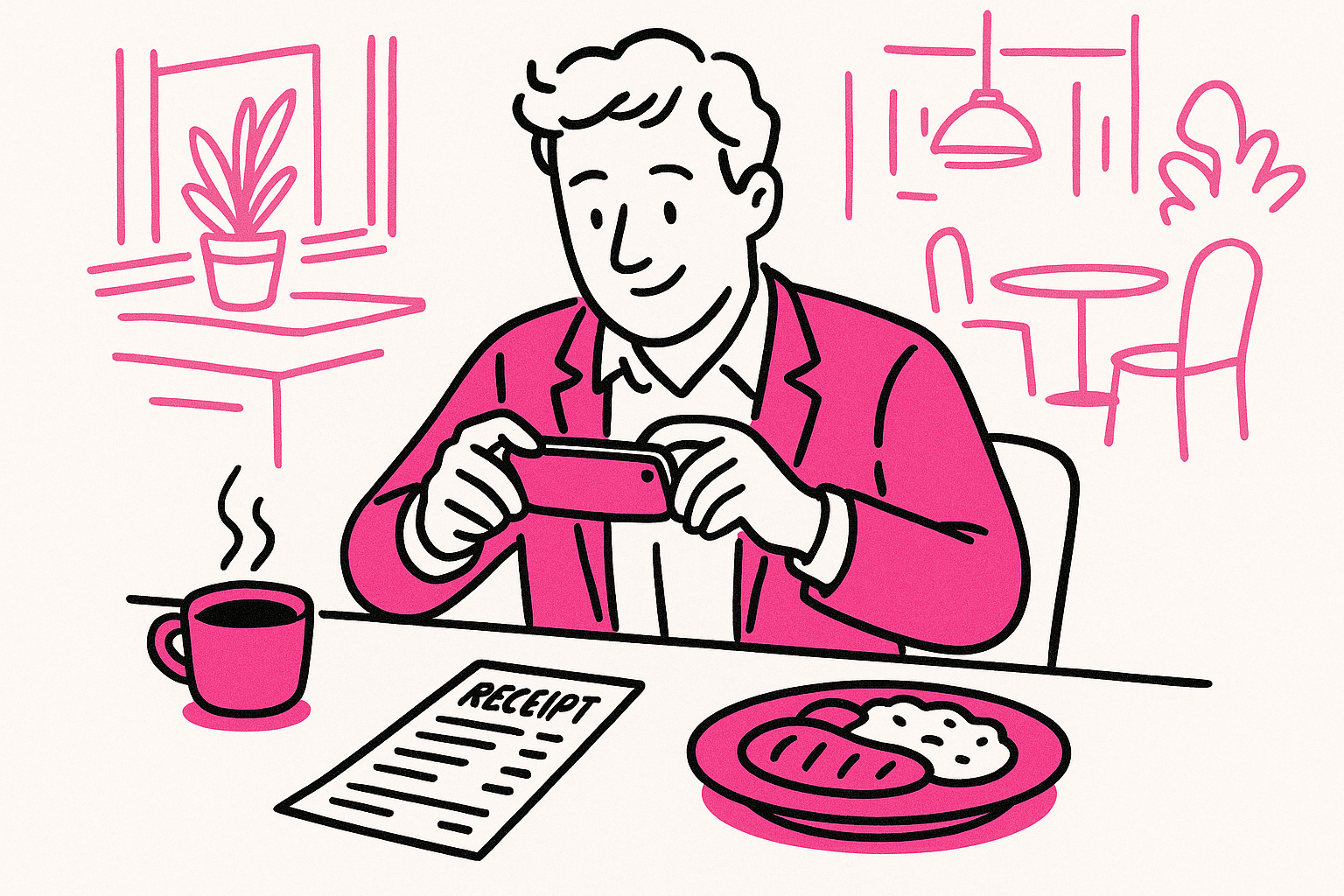 Illustration of a person taking a photo of a receipt with a smartphone at a table with food and a cup of coffee.