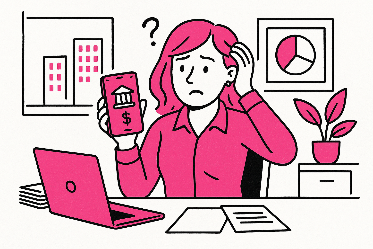 A person at a desk looks confused while holding a phone with a banking app open, surrounded by office supplies and charts.