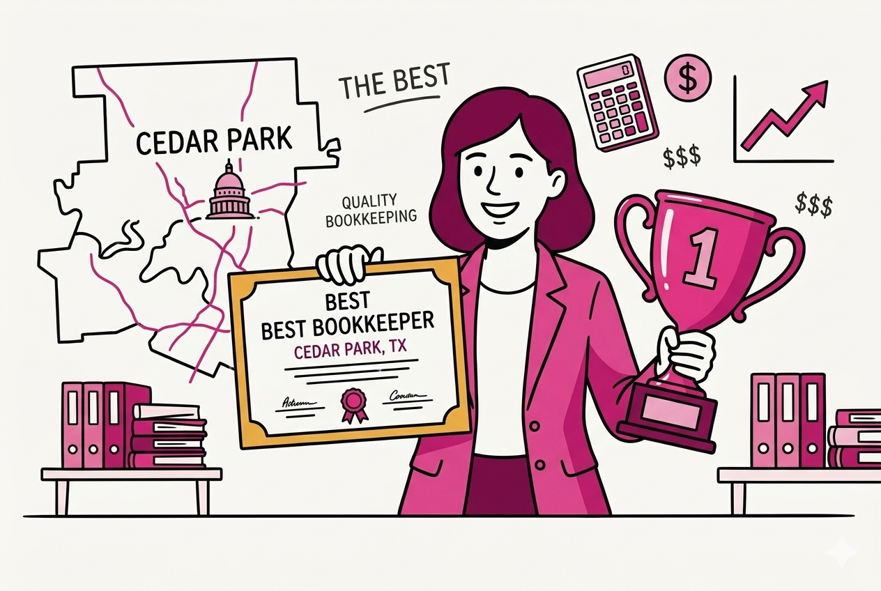 Illustration of the best bookkeepers Cedar Park winner with award and trophy, standing before a city map and bookkeeping icons.