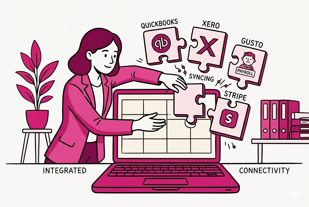 Illustration of a woman fitting QuickBooks, Gusto, and Xero puzzle pieces into a laptop, symbolizing seamless software integration.