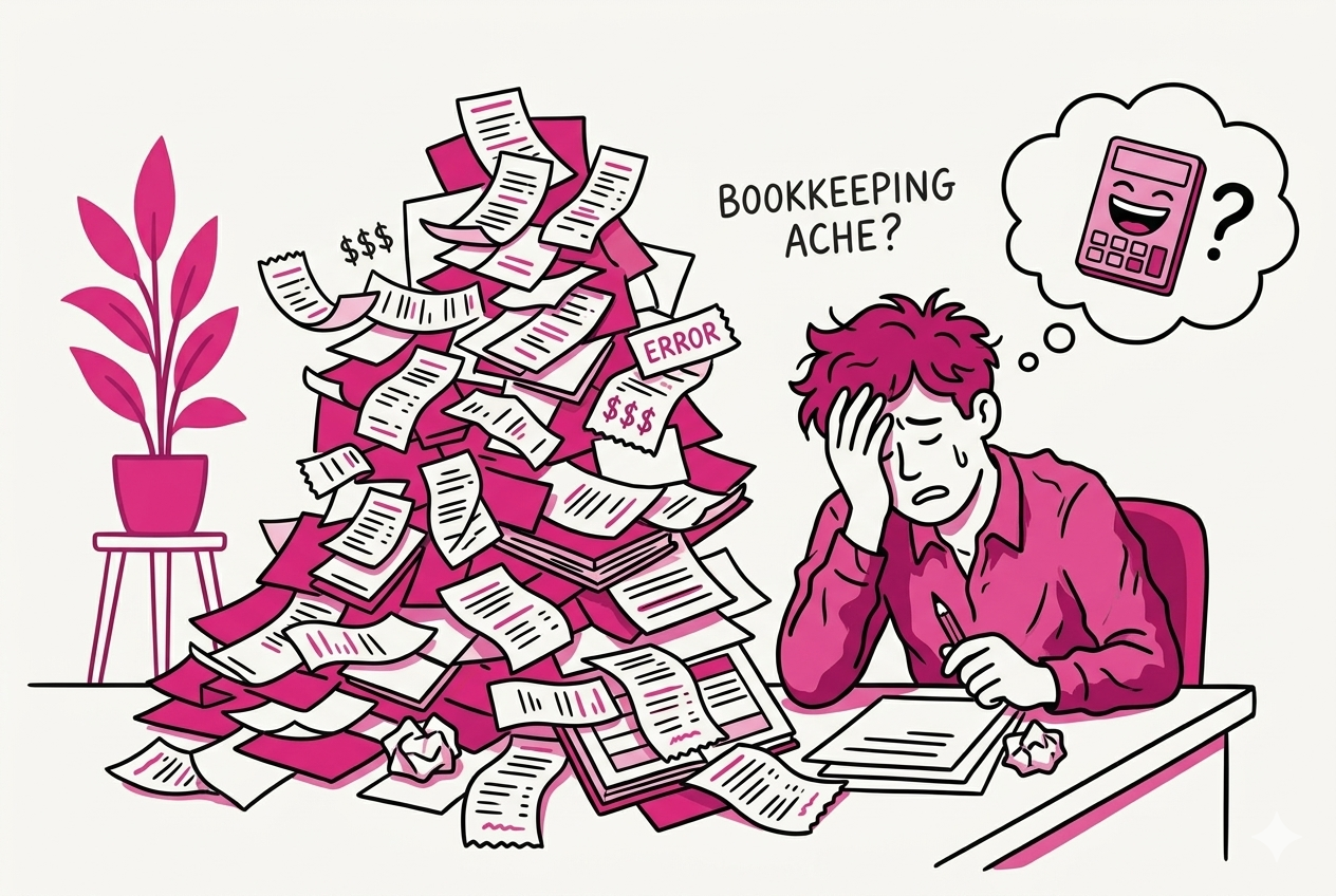 A small business owner stressed at their desk, buried in bookkeeping errors and receipts, anxiously thinking about a calculator.